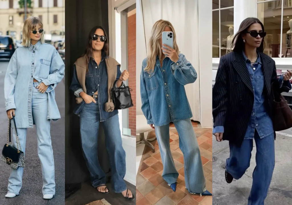 denim on denim long shirt with jeans